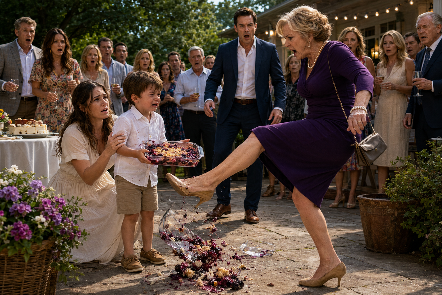 My 4-year-old son brought his grandmother homemade blackberry cobbler in front of 20 relatives—she kicked it across the patio and said, “Don’t ever call me Grandma again,” but hours later, the hospital revealed a secret that changed our entire family.