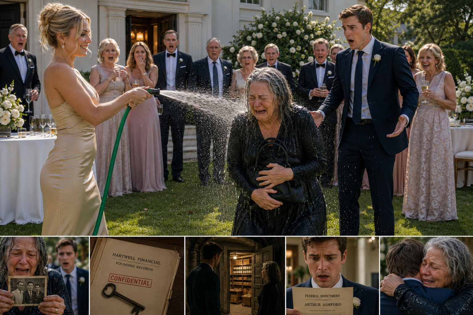 At my son’s engagement party, his future wife blasted me with a garden hose in front of thirty guests—then my son walked outside and realized the “homeless woman” she had just humiliated was the one person who could destroy everything she thought she was marrying into.