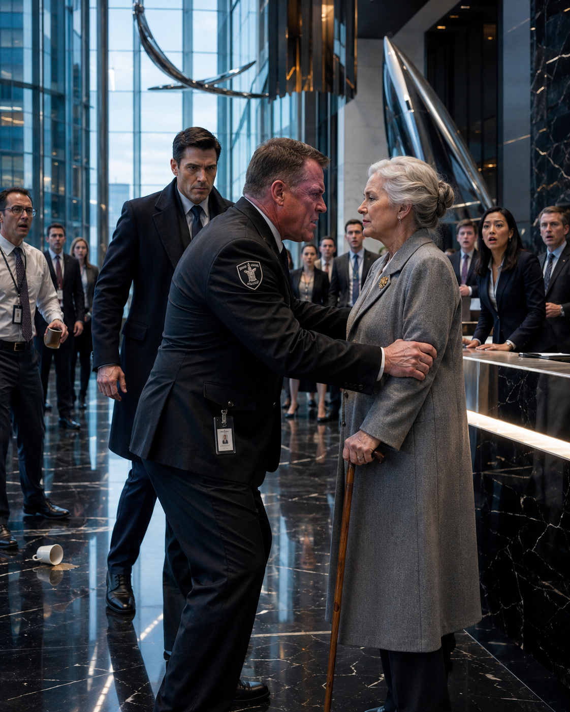 The security chief grabbed the old woman’s arm in front of everyone—then the silent man behind him stepped forward and said six words that ended his career.