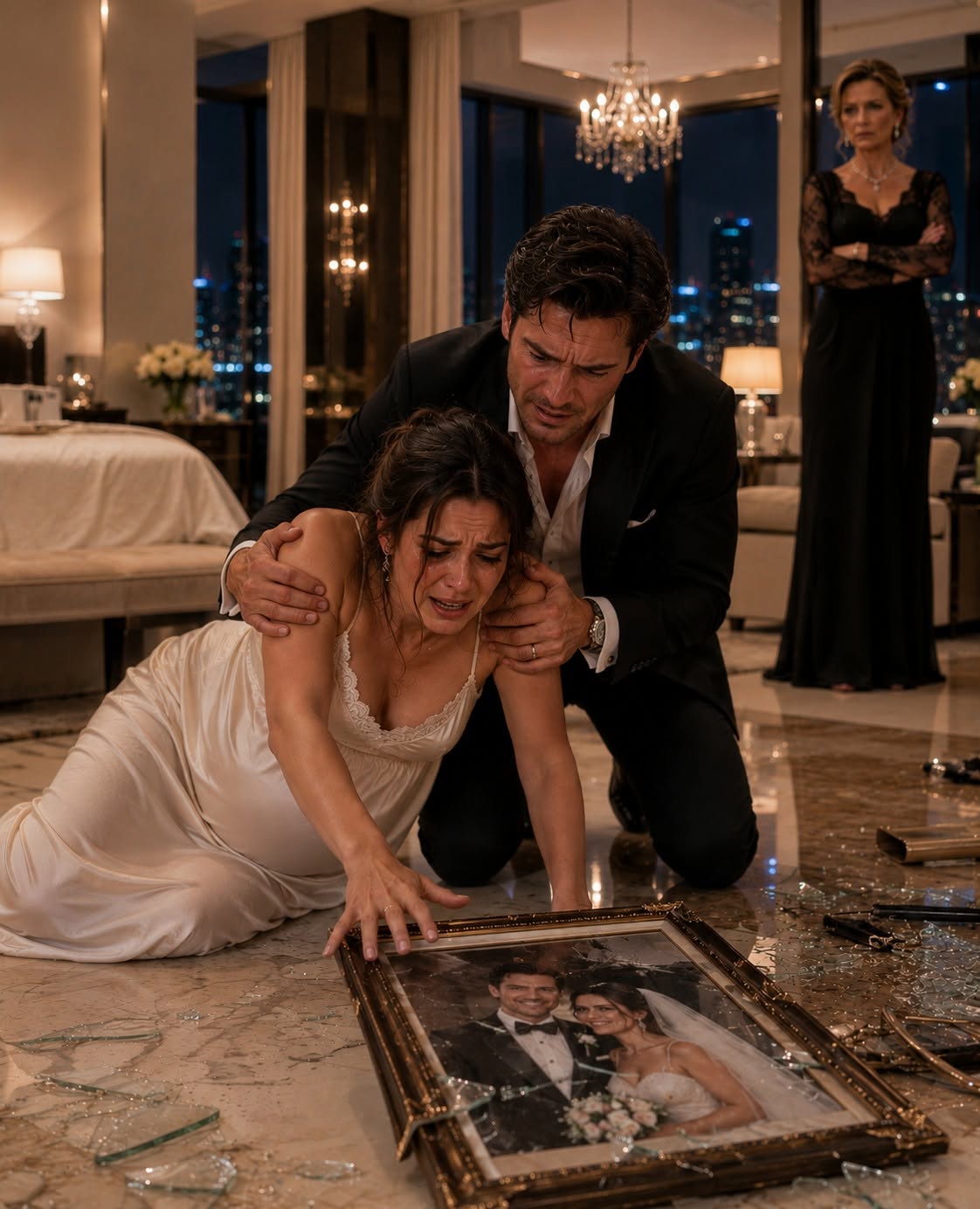 I CAME HOME EARLY TO SURPRISE MY PREGNANT WIFE—BUT FOUND HER BLEEDING IN THE DARK, HER NIGHTGOWN ON BACKWARD AND OUR WEDDING PHOTO SHATTERED ON THE FLOOR… THEN SHE GRABBED MY WRIST AND WHISPERED, “DON’T CALL YOUR MOTHER—SHE BROUGHT A DOCTOR HERE…”