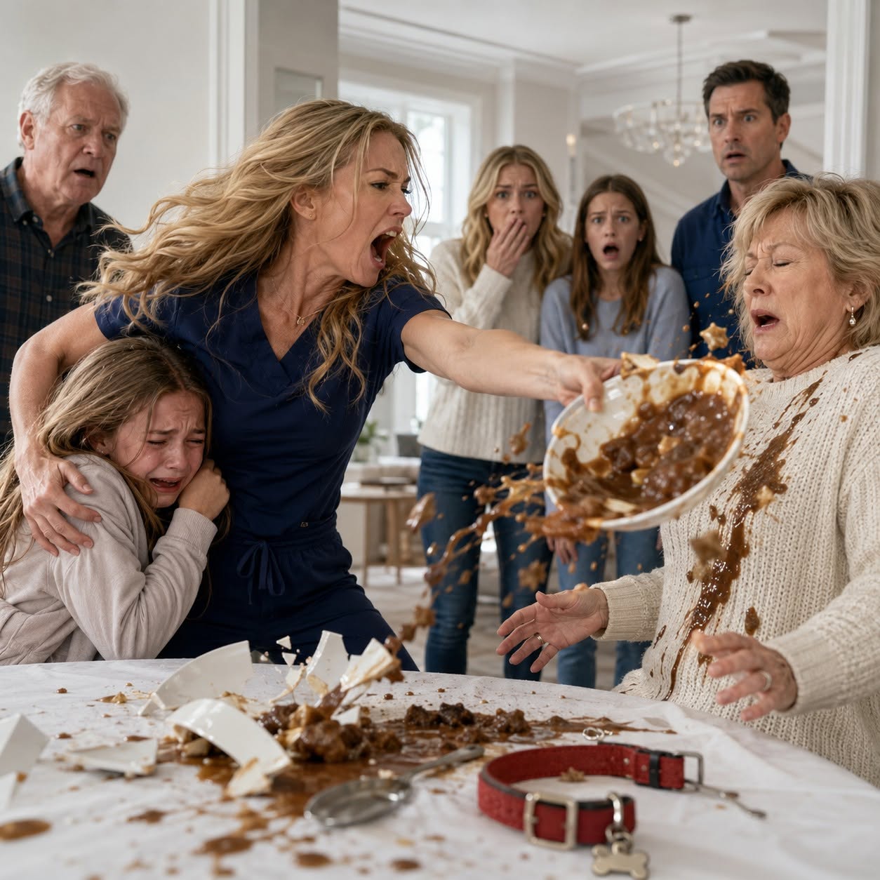 My mother-in-law ordered my crying 11-year-old daughter to eat the mystery stew—but the cut red collar beside the trash made me grab my phone and call 911.