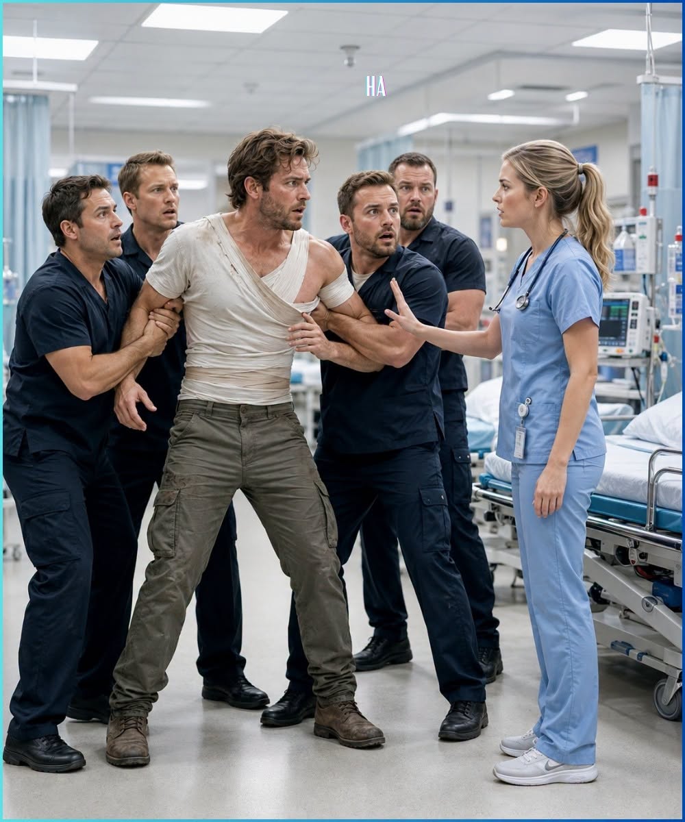 Four security guards couldn’t restrain the BLOOD-SOAKED stranger—then a rookie nurse whispered TWO WORDS that froze him instantly and exposed a secret buried for EIGHT YEARS...