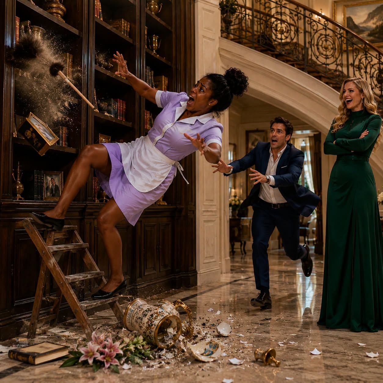 His fiancée ordered the maid onto a 20-foot ladder she knew was broken—seconds later, the billionaire saw her falling and what he did in front of everyone changed the wedding forever…