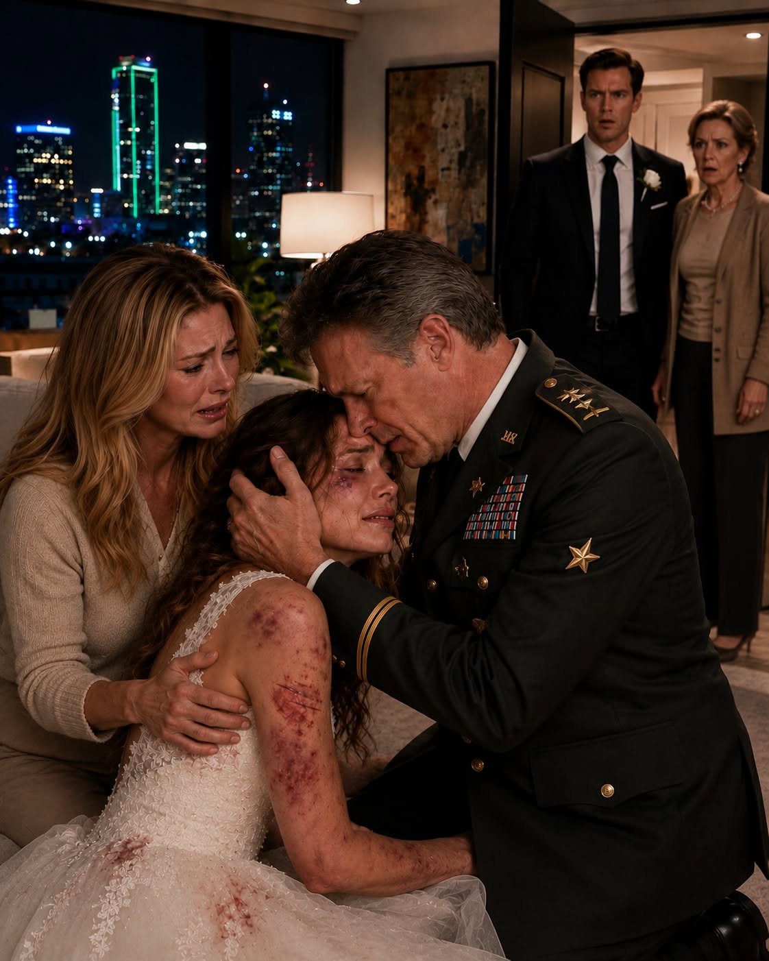 MY DAUGHTER SHOWED UP AT 3 A.M. IN HER BLOOD-STAINED WEDDING DRESS—then she whispered what her mother-in-law did over a Dallas condo, and I called the ONE man their family never expected to come back…