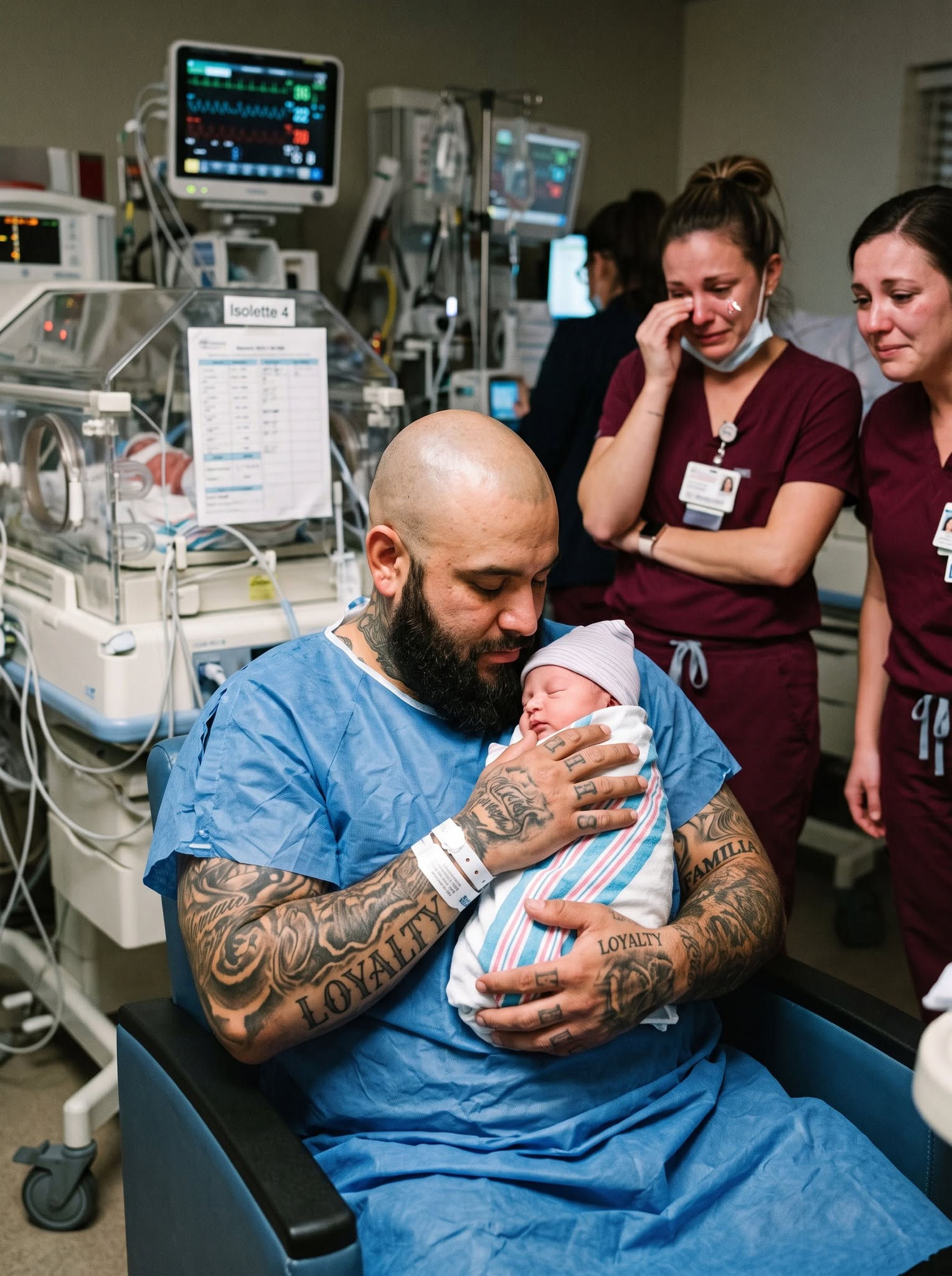A giant tattooed biker walked into the NICU and asked to hold the abandoned newborn everyone had stopped expecting visitors for—but 12 hours later, a nurse spotted something on his wrist that revealed why he refused to put the baby down.
