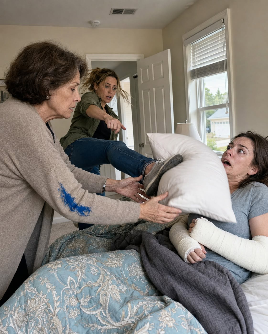 My mother-in-law tried to suffocate me while both my arms were trapped in casts—but the blue paint on her sleeve exposed something even worse about the “accident” that put me there.