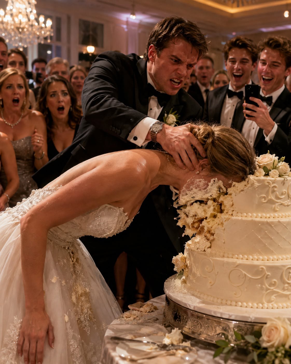 MY HUSBAND SHOVED MY FACE INTO OUR WEDDING CAKE WHILE HIS FRIENDS LAUGHED—BUT THE SECOND I TOOK OFF MY RING AND MADE ONE PHONE CALL, HIS ENTIRE FAMILY STOPPED SMILING…