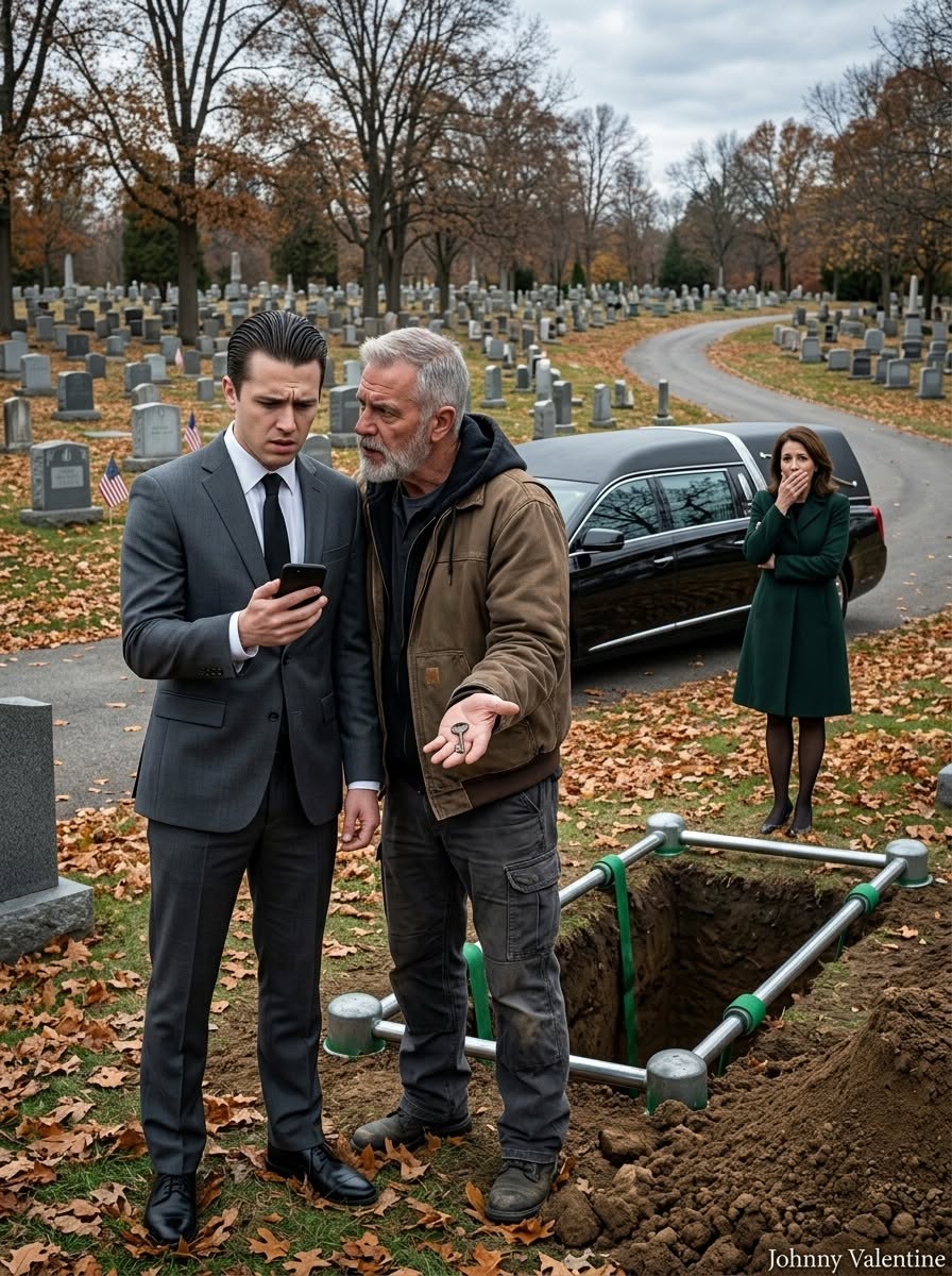 At my father’s funeral, the gravedigger grabbed my arm and whispered, “Sir… the coffin we just buried was EMPTY”—then he handed me a key my father had hidden for twenty years.