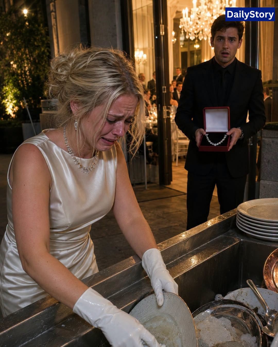 I came home early with a diamond necklace for my wife—but instead of finding her waiting for me, I found my FAMILY drinking champagne on my money while she scrubbed their filthy pots like a servant… and they had no idea I was standing right behind them.