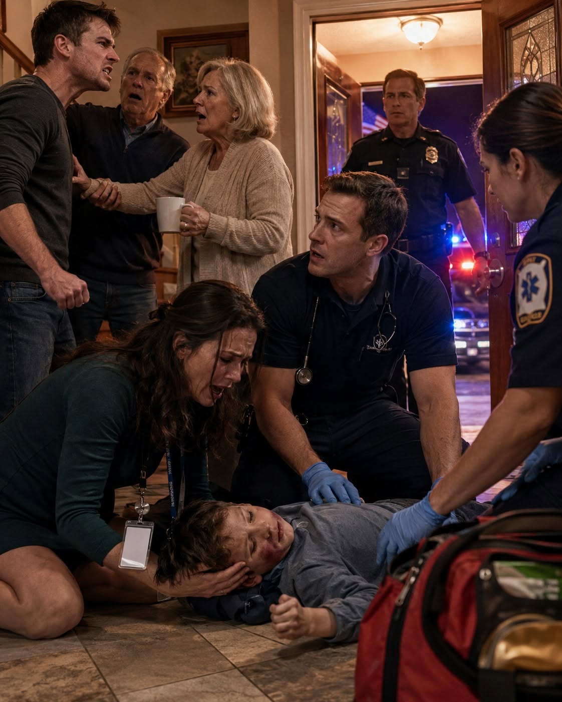 I came home from my company’s year-end party and found my 9-year-old son unconscious at the front door—but when the paramedic saw my brother, turned PALE, and said, “I was already here tonight,” my entire family froze…
