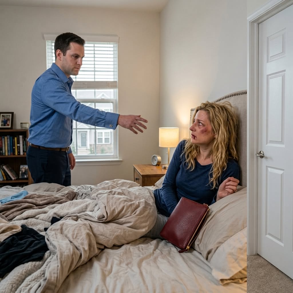 MY HUSBAND HIT ME FOR REFUSING TO MOVE INTO HIS MOTHER’S HOUSE, THEN THREW ME A MAKEUP BAG AND ORDERED ME TO HIDE THE BRUISES BEFORE HIS MOM ARRIVED—BUT WHEN THEY WALKED IN AT NOON, MY SUITCASE WAS GONE AND THE MAN SITTING IN OUR LIVING ROOM MADE HIM STOP DEAD…