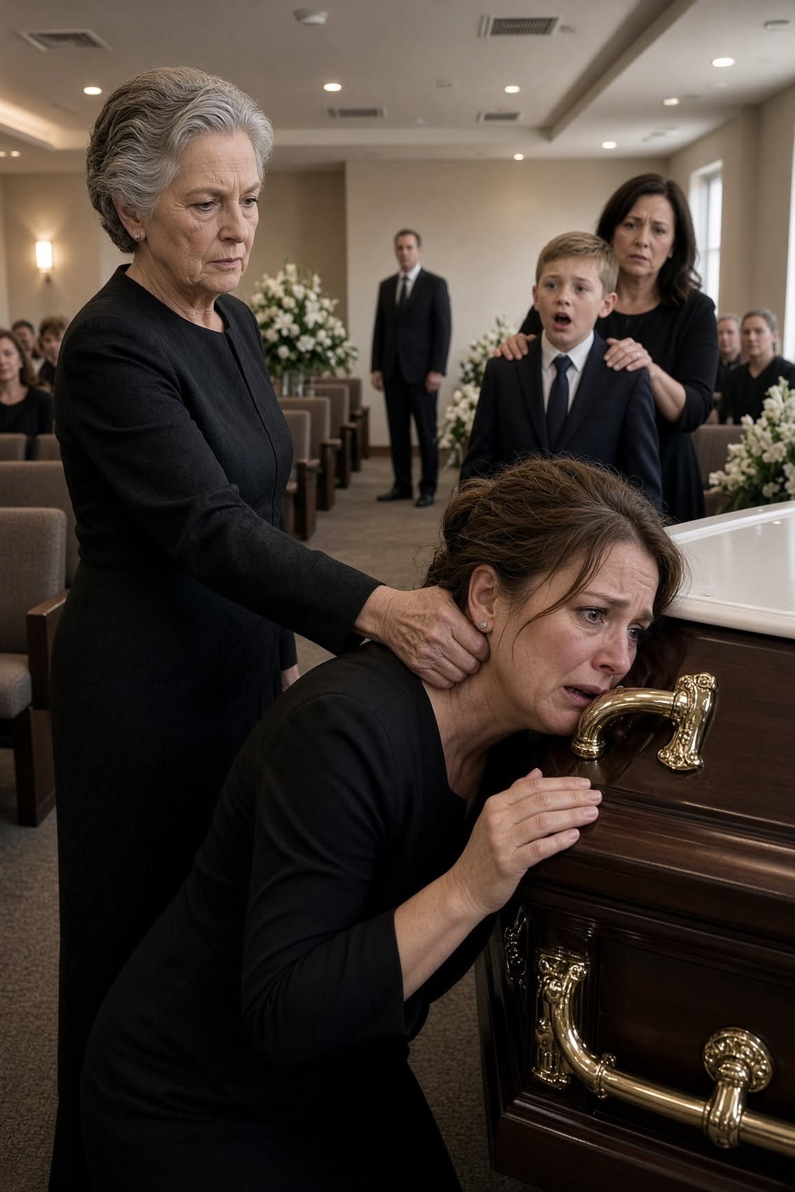 At my stillborn son’s memorial, my husband’s aunt shoved my face against his tiny casket and whispered that she’d “bury me too”—then my nine-year-old nephew revealed what he saw her bury last spring, and she froze.
