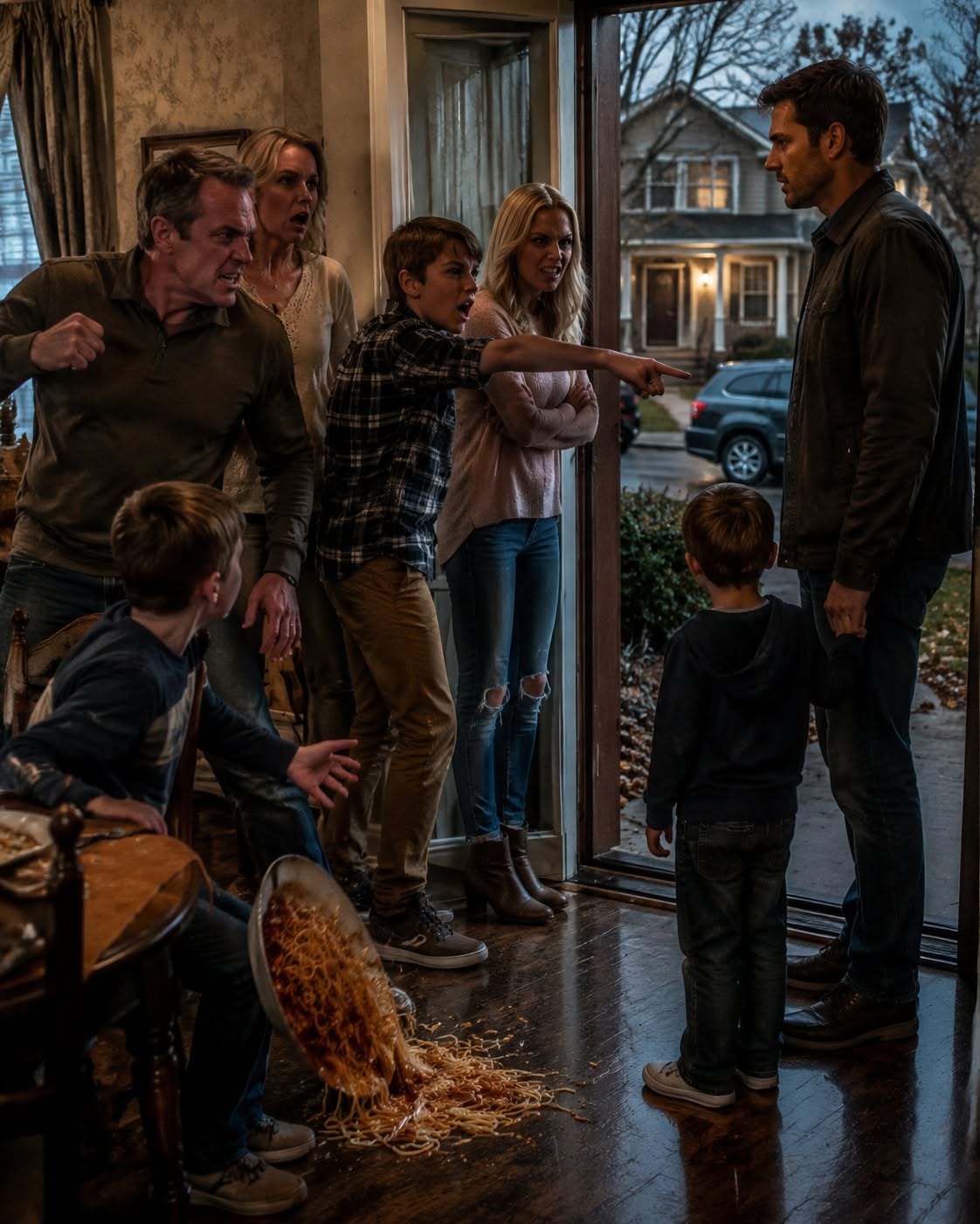 My dad ordered my 8-year-old son to apologize after my nephew deliberately knocked his dinner onto the floor—so I took my family and left without arguing… but by 7:12 the next morning, Dad was pounding on my door because my sister had done something UNTHINKABLE.