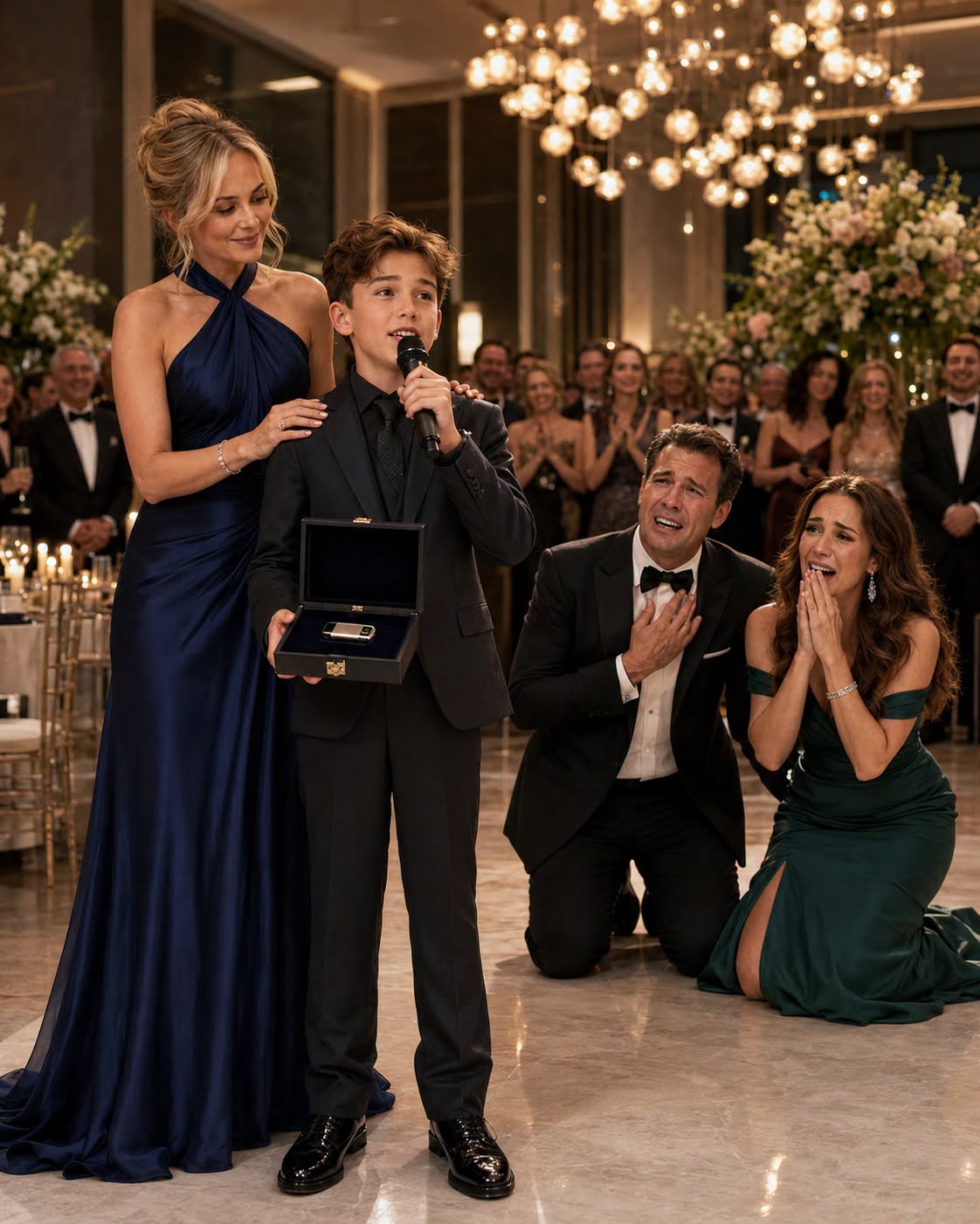 My ex-husband invited me and our ten-year-old son to his lavish wedding just to call me “trash” in front of 300 guests—but when Noah handed him Grandpa’s final gift, the groom looked at the flash drive and screamed, “WHO ELSE HAS SEEN THIS?”