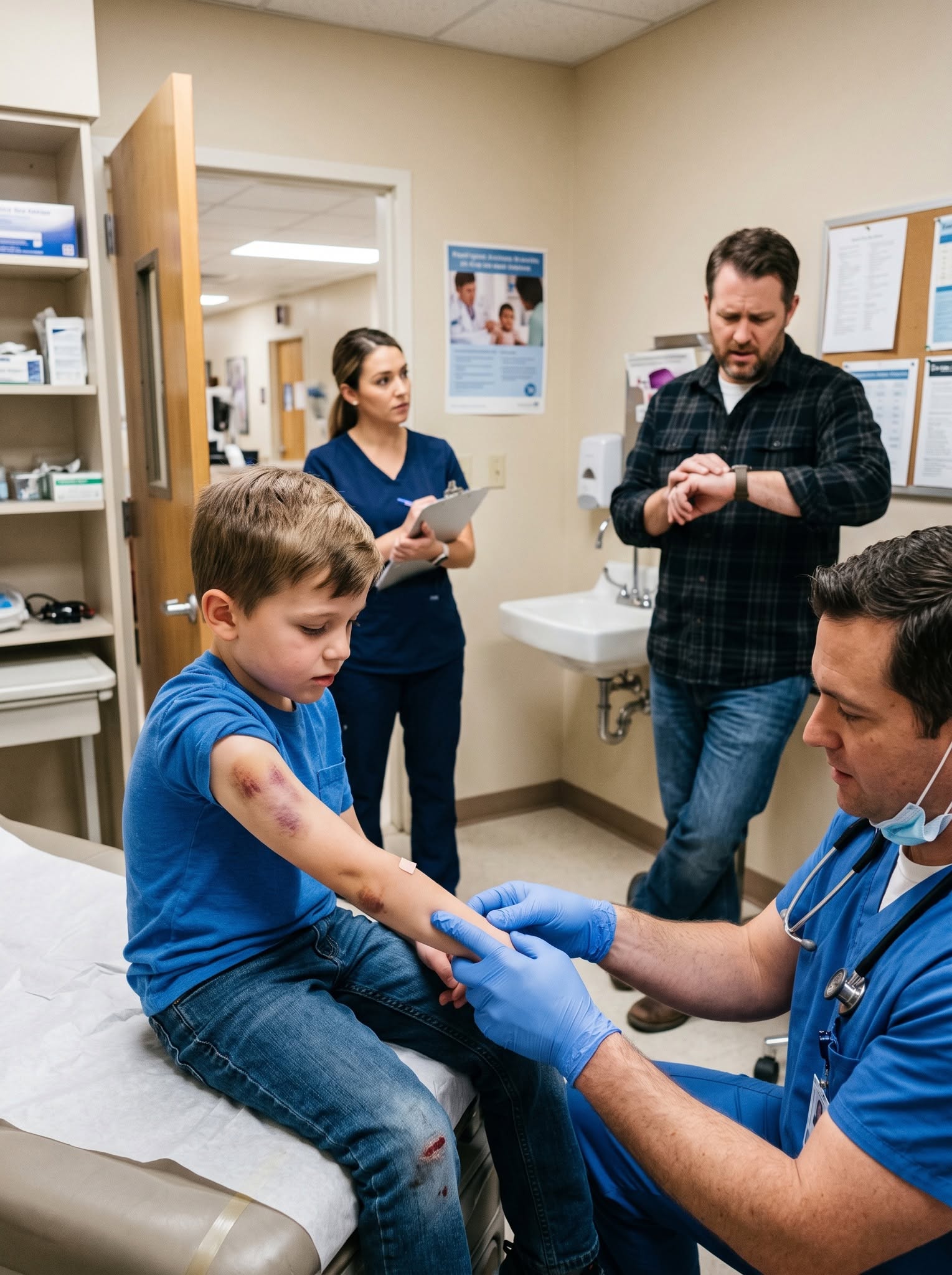 A man dragged his 9-year-old stepson into my ER demanding antibiotics—but when I touched the boy’s swollen face, something under his skin moved… and suddenly the stepfather wanted to run.