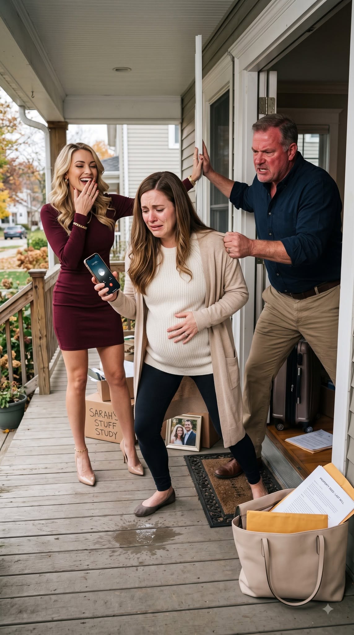 My father forged my signature, stole the house my dead husband left me, and threw me outside eight months pregnant—but when my water broke on the porch, the attorney pulling into the driveway was carrying the one document Dad never knew existed.