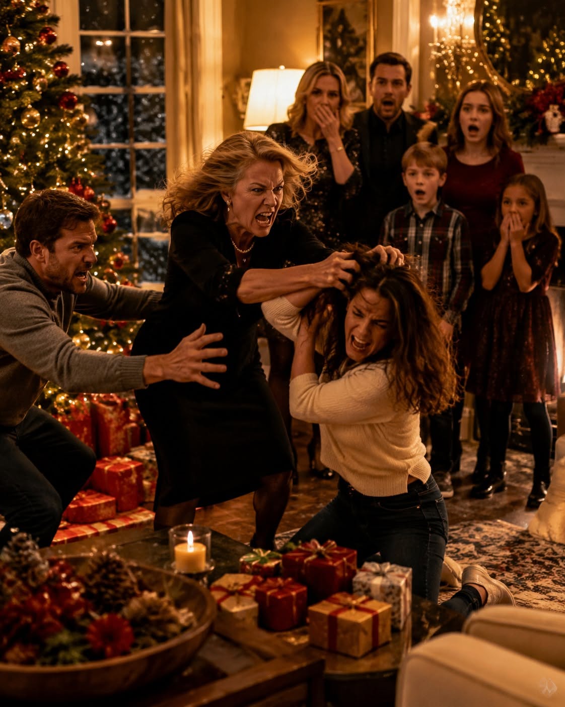 On New Year’s Eve, my mother gave every grandchild a present except my two kids—so I quietly walked out and told them never to invite us again… but at exactly 6:00 a.m. on January 1, the “gift” waiting on their doorstep made the entire family panic.