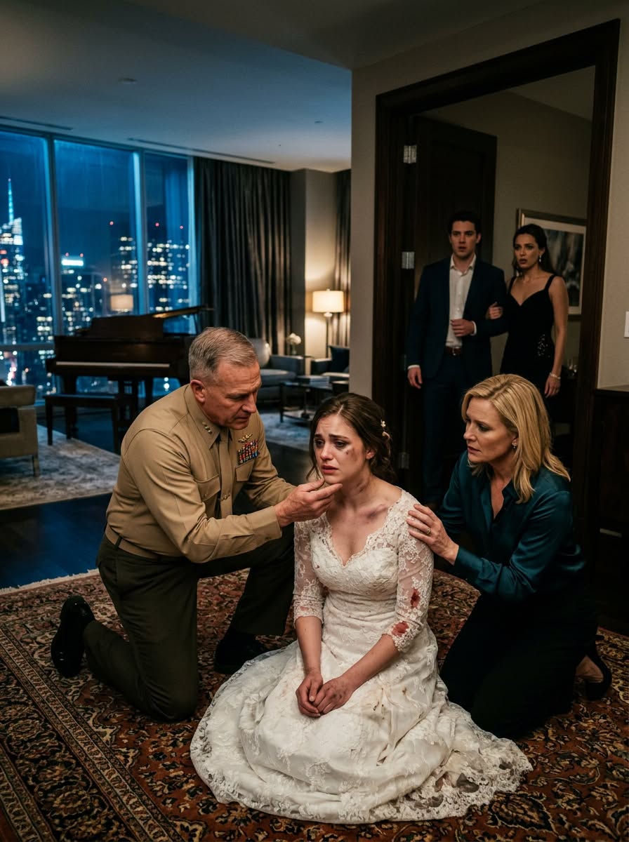 My daughter showed up at my door at 3 A.M. in her torn, bloodstained wedding dress—then whispered that her mother-in-law beat her because she refused to hand over her condo, but they had no idea who I was about to call.