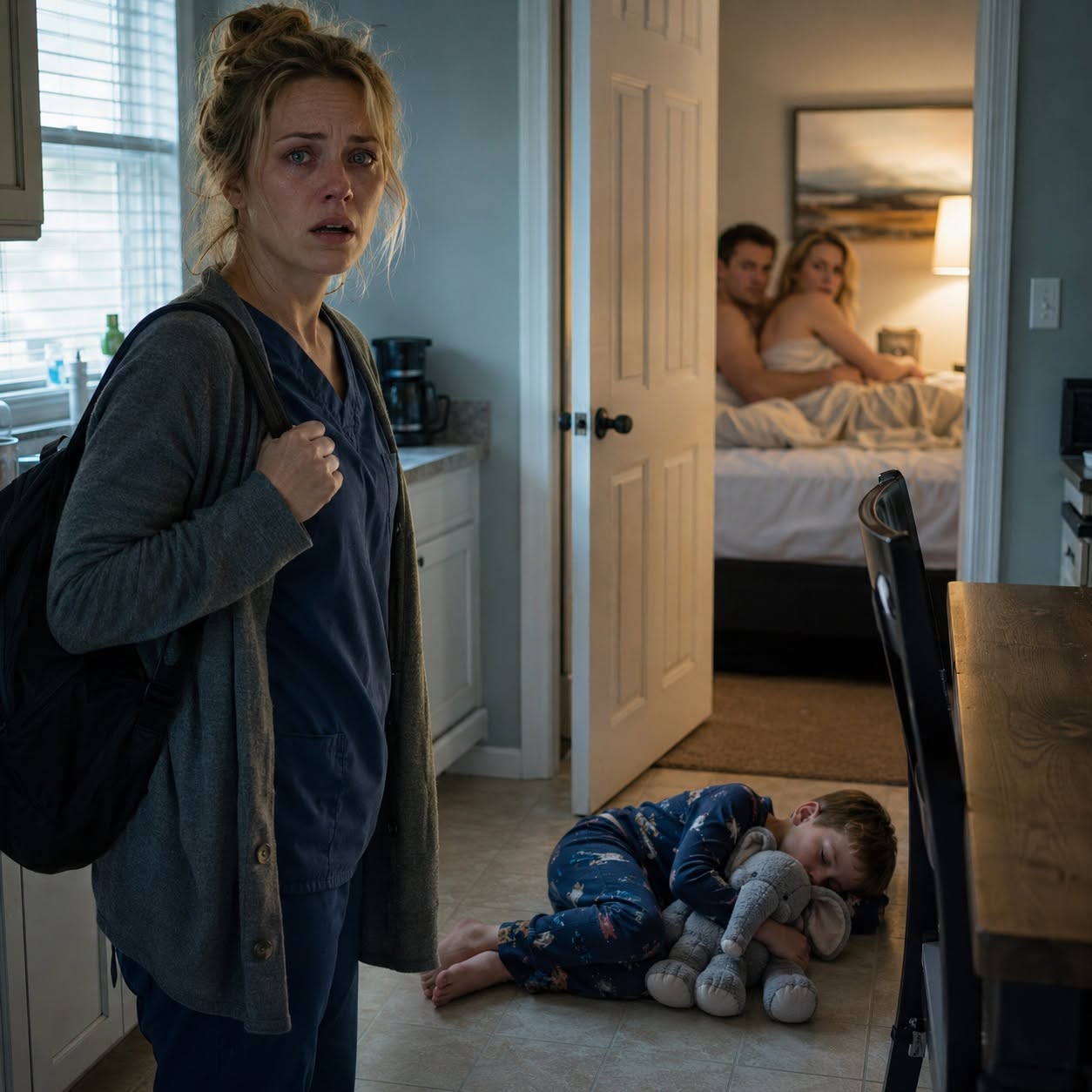 I came home from a 12-hour night shift and found my husband in bed with my sister—but what my barefoot five-year-old whispered from the freezing kitchen floor made the affair seem like the smallest betrayal.