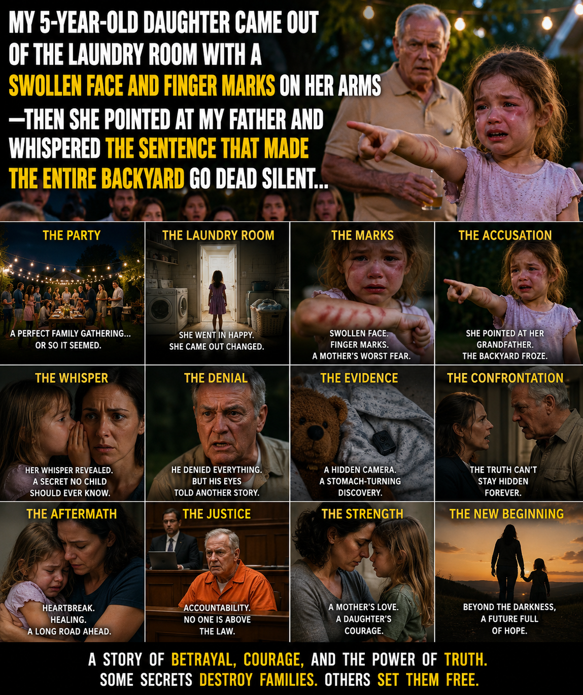 MY 5-YEAR-OLD DAUGHTER CAME OUT OF THE LAUNDRY ROOM WITH A SWOLLEN FACE AND FINGER MARKS ON HER ARMS—then she pointed at my father and whispered the sentence that made the entire backyard go DEAD SILENT…