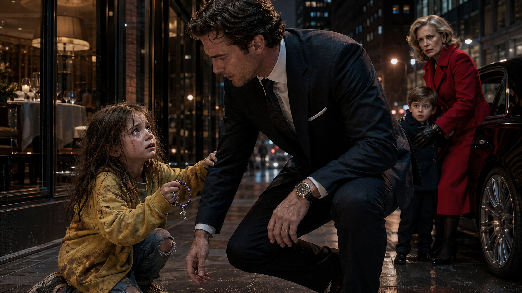 A HOMELESS 7-YEAR-OLD grabbed a millionaire outside a luxury restaurant and begged, “PLEASE BE MY DAD FOR ONE DAY”—but when she revealed her missing little brother’s name, he realized she knew a secret only the woman who disappeared from his life seven years ago could have known…