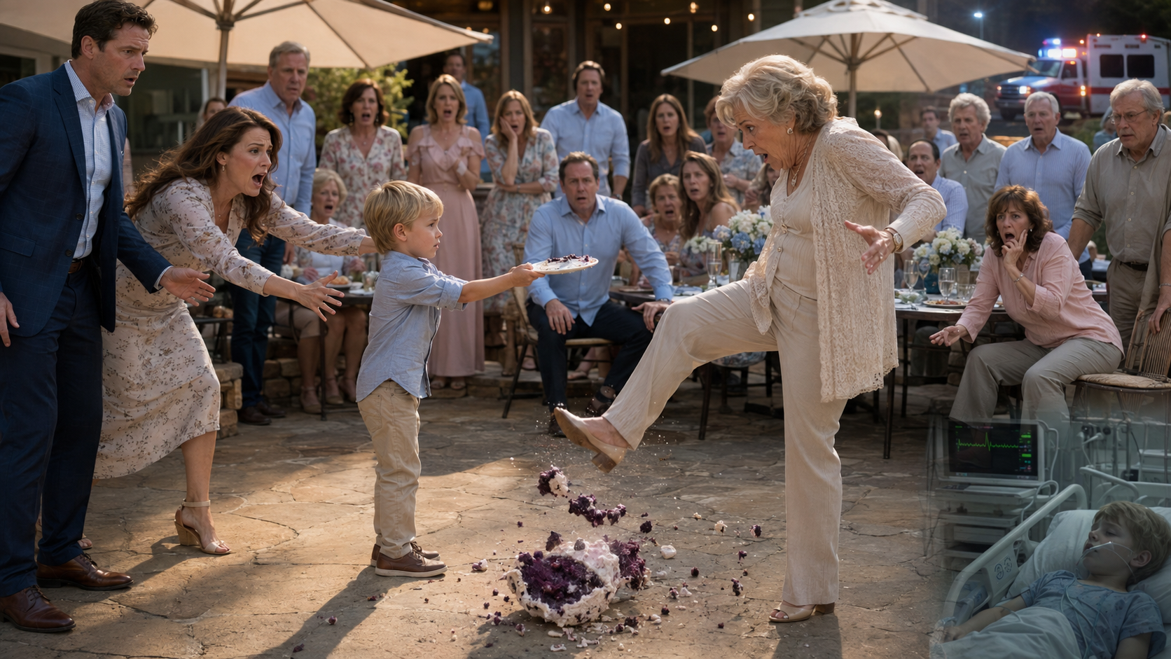 MY 4-YEAR-OLD SON OFFERED HIS GRANDMOTHER A PIECE OF HOMEMADE CAKE—and she KICKED it across the patio in front of 20 relatives, looked him in the eyes, and said, “Don’t ever call me Grandma again”… but hours later at the hospital, we discovered the terrifying reason she had never accepted him.