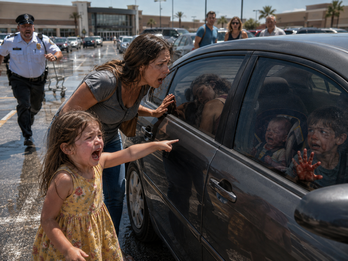 MY FIVE-YEAR-OLD DAUGHTER STARTED SCREAMING IN A 104°F MALL PARKING LOT AND POINTING AT A PARKED SEDAN—when I finally looked through the tinted window, I saw something that made me forget the heat, the crowd, and how to breathe…