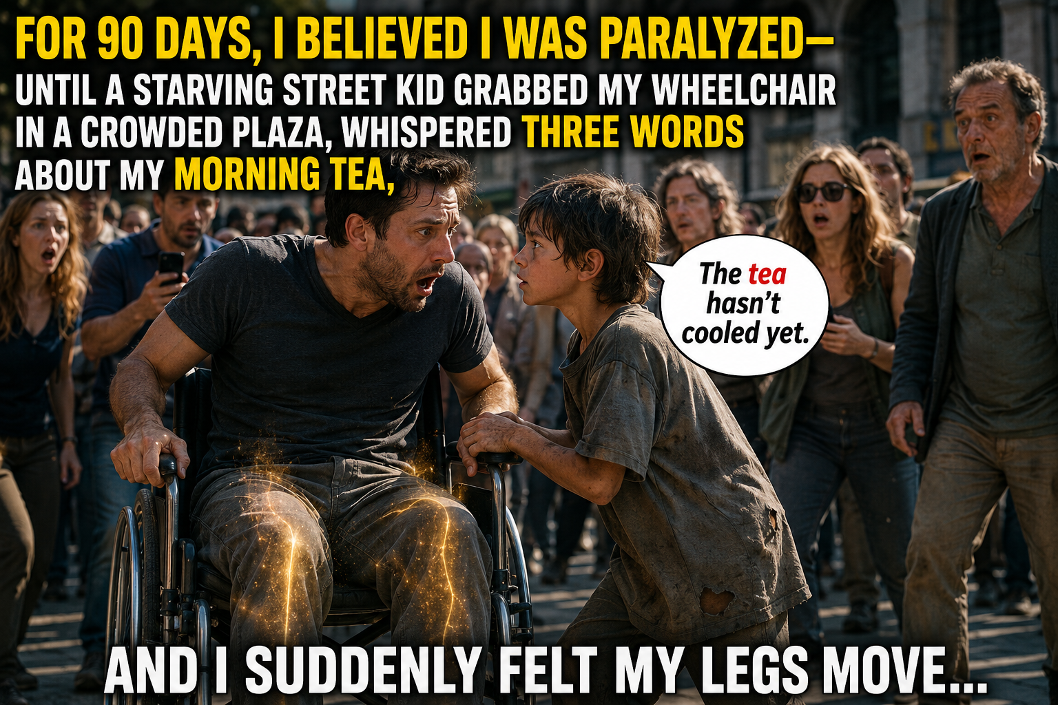 FOR 90 DAYS, I BELIEVED I WAS PARALYZED—until a starving street kid grabbed my wheelchair in a crowded plaza, whispered THREE words about my morning tea, and I suddenly felt my legs move…