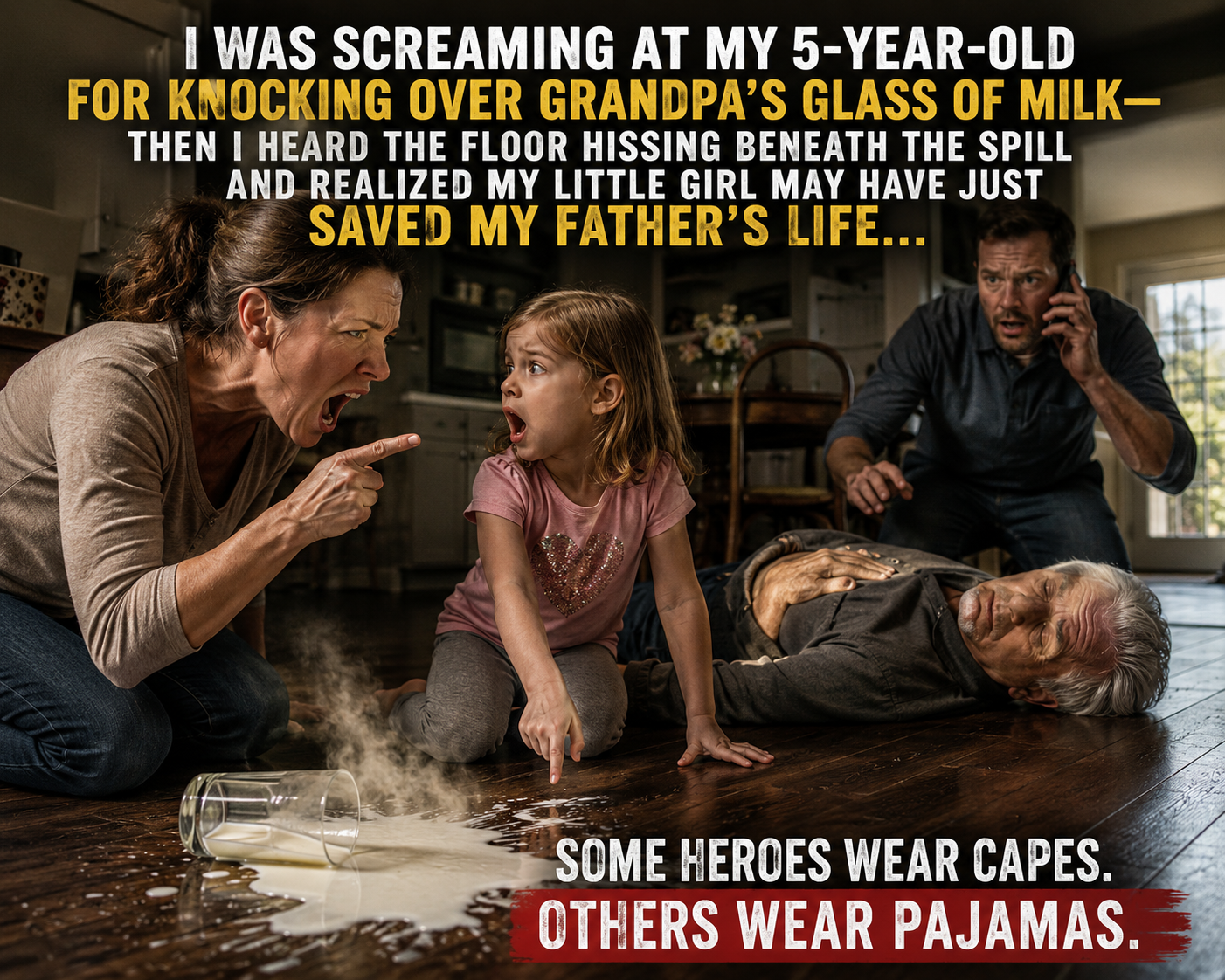 I WAS SCREAMING AT MY 5-YEAR-OLD FOR KNOCKING OVER GRANDPA’S GLASS OF MILK—then I heard the floor HISSING beneath the spill and realized my little girl may have just saved my father’s life…