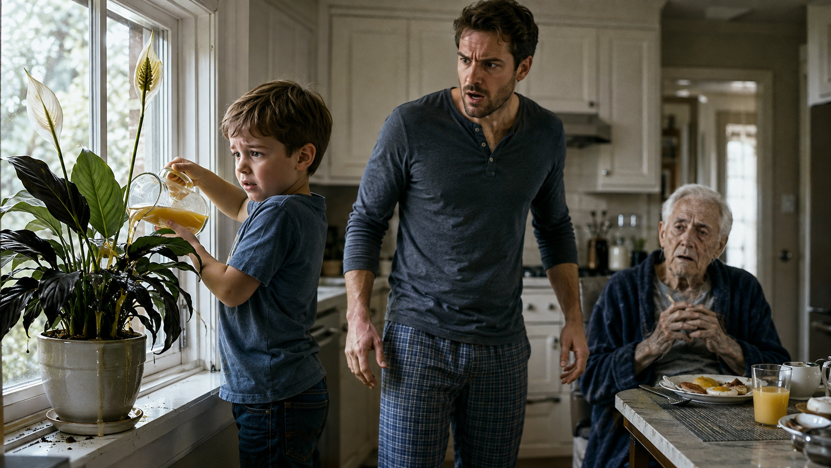 MY FIVE-YEAR-OLD SON POURED GRANDPA’S ORANGE JUICE INTO MY DEAD WIFE’S FAVORITE PLANT—I PUNISHED HIM ON THE SPOT… then the leaves turned BLACK and I realized he may have just saved Grandpa’s life.