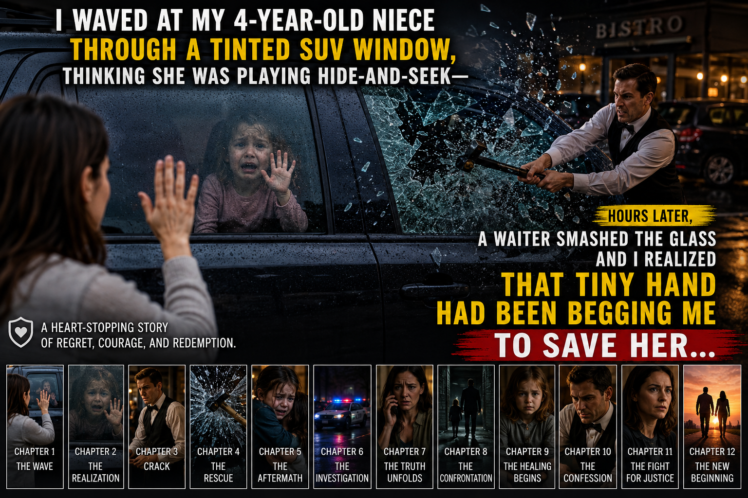 I WAVED AT MY 4-YEAR-OLD NIECE THROUGH A TINTED SUV WINDOW, THINKING SHE WAS PLAYING HIDE-AND-SEEK—hours later, a waiter SMASHED the glass and I realized that tiny hand had been begging me to save her…