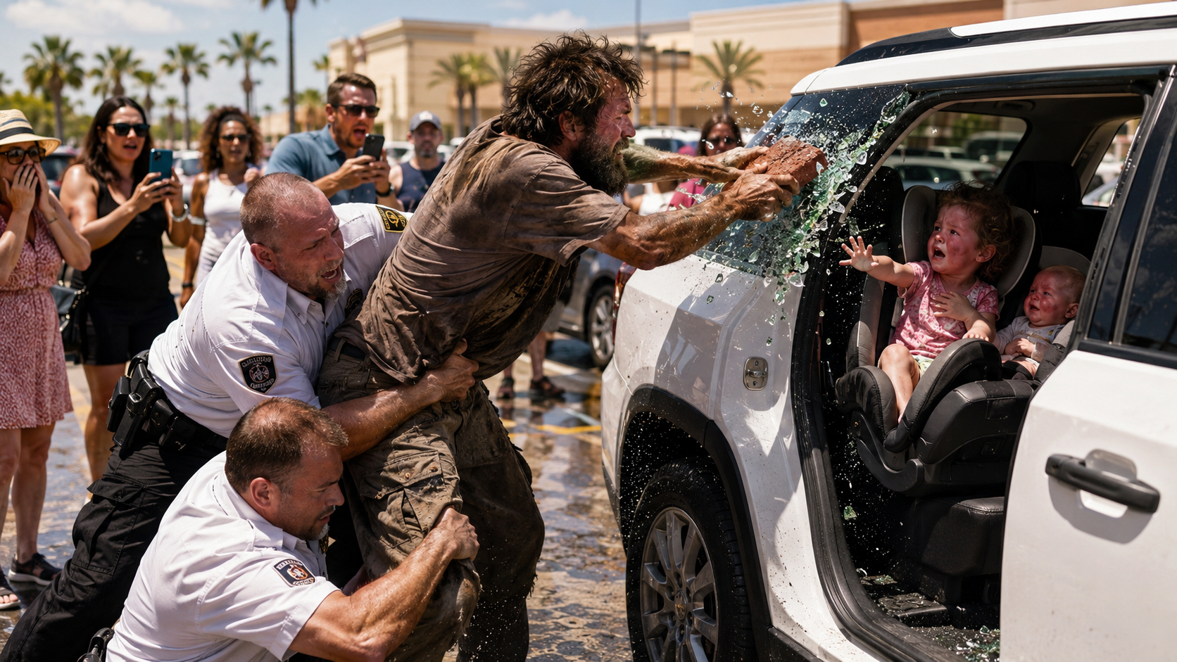 A HOMELESS MAN SMASHED A LUXURY SUV WINDOW IN BROAD DAYLIGHT—security tackled him as a thief, but when they looked into the back seat, the entire parking lot went DEAD SILENT…