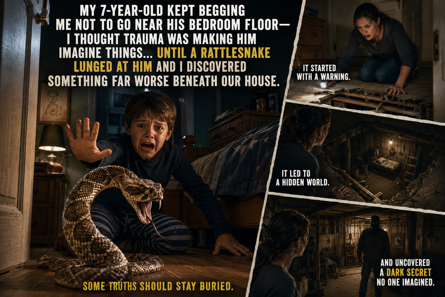 MY 7-YEAR-OLD KEPT BEGGING ME NOT TO GO NEAR HIS BEDROOM FLOOR—I THOUGHT TRAUMA WAS MAKING HIM IMAGINE THINGS… until a rattlesnake lunged at him and I discovered something FAR WORSE beneath our house.