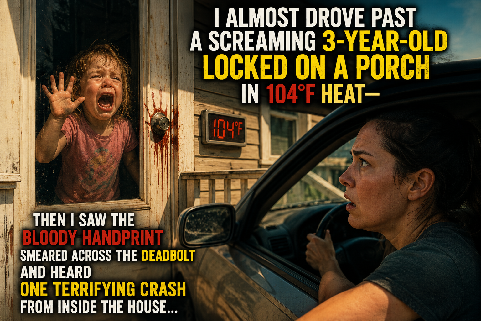 I ALMOST DROVE PAST A SCREAMING 3-YEAR-OLD LOCKED ON A PORCH IN 104°F HEAT—then I saw the BLOODY HANDPRINT smeared across the deadbolt and heard one terrifying crash from inside the house…