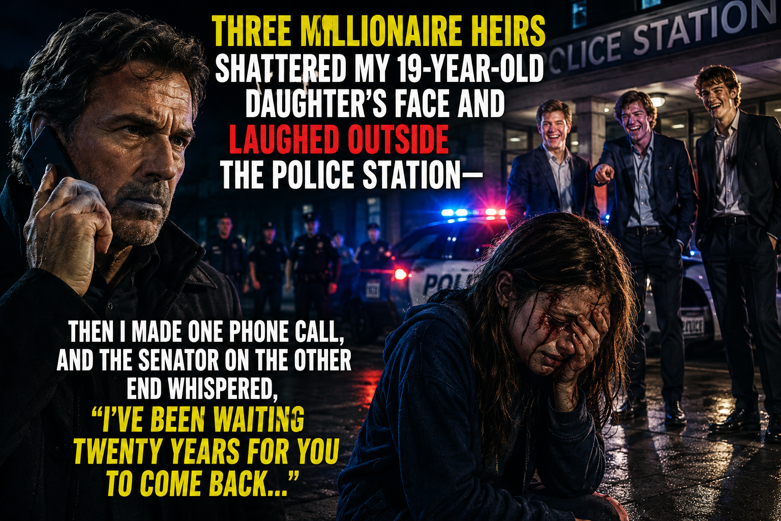 THREE MILLIONAIRE HEIRS SHATTERED MY 19-YEAR-OLD DAUGHTER’S FACE AND LAUGHED OUTSIDE THE POLICE STATION—then I made one phone call, and the senator on the other end whispered, “I’ve been waiting twenty years for you to come back…”