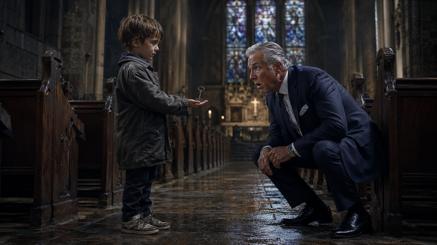 A LITTLE BOY WALKED INTO AN EMPTY CHURCH AND HANDED A BILLIONAIRE A RUSTED KEY—then whispered who his father was, and the man’s face went WHITE because that key was supposed to have disappeared 20 years ago…