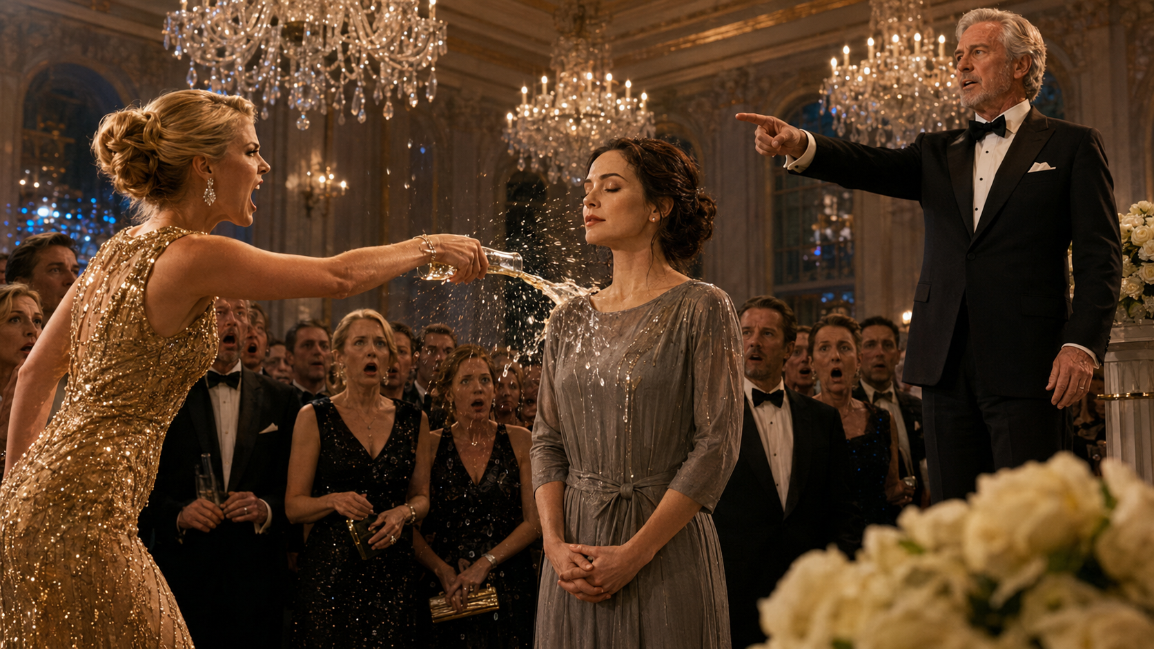 SHE HUMILIATED THE WOMAN IN GRAY IN FRONT OF THE ENTIRE ROOM—then the host revealed WHO SHE REALLY WAS, and the woman in gold realized one cruel mistake could cost her EVERYTHING.