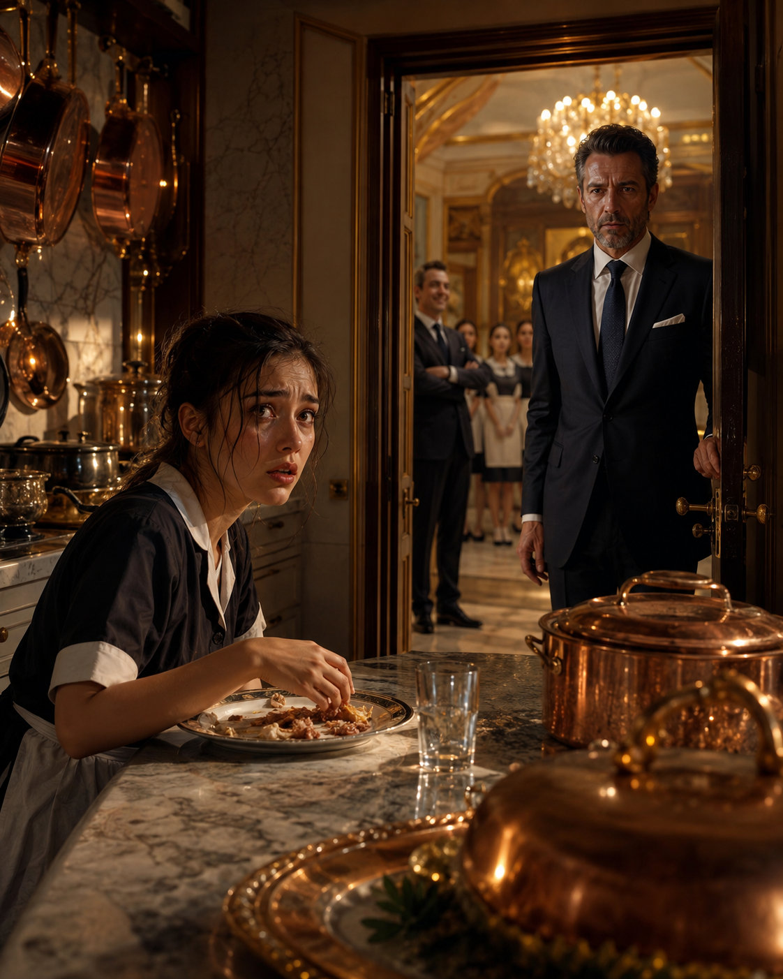 SHE HADN’T EATEN IN OVER 24 HOURS BECAUSE HER MANAGER THREATENED TO FIRE HER—then the mansion’s billionaire owner caught her secretly eating leftovers in the kitchen and asked ONE question that made the entire staff go silent…