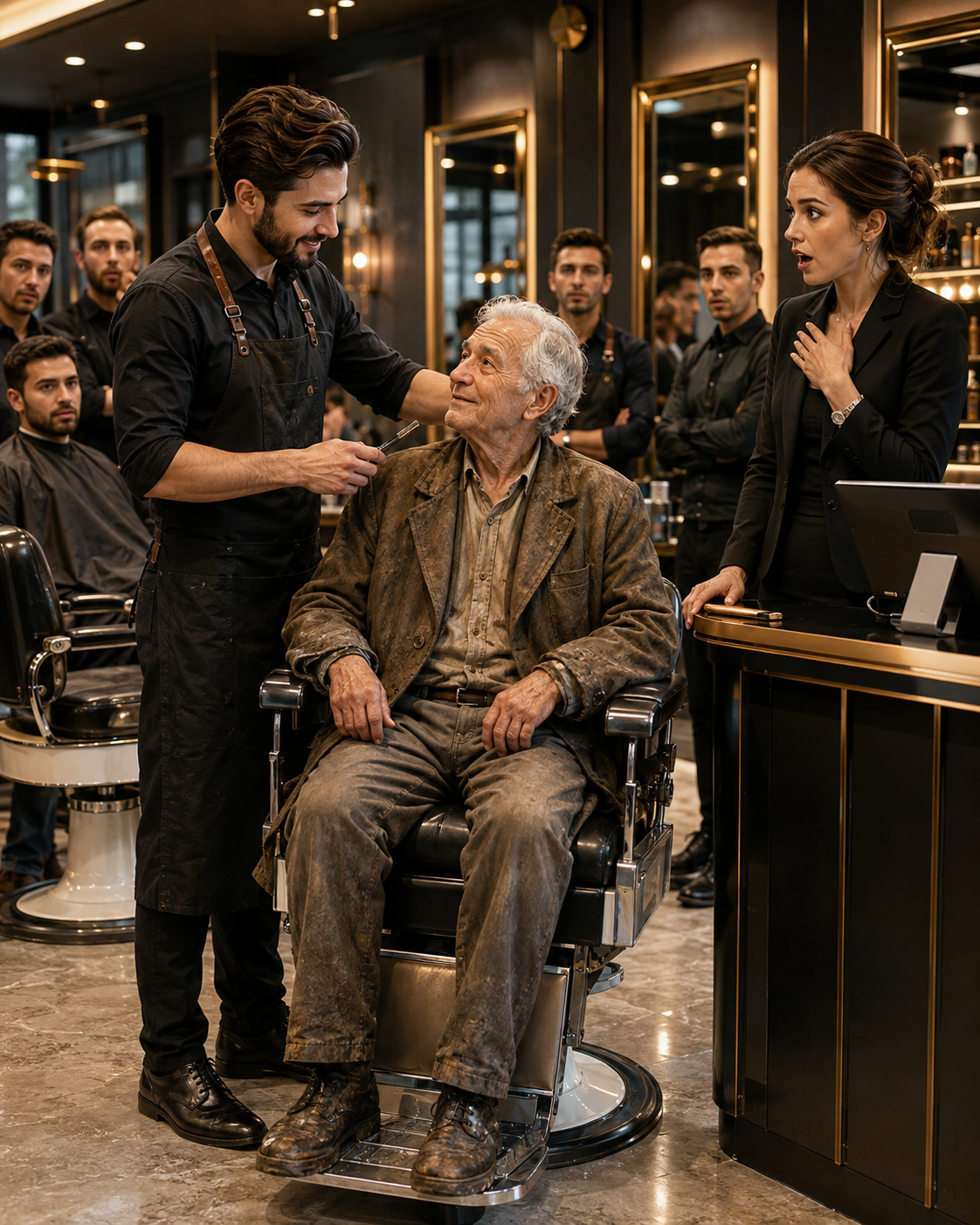 THEY LAUGHED AT THE OLD MAN IN WORN-OUT CLOTHES AND REFUSED TO SERVE HIM—then one barber gave him a haircut, and the receptionist nearly FAINTED when she discovered who he really was…