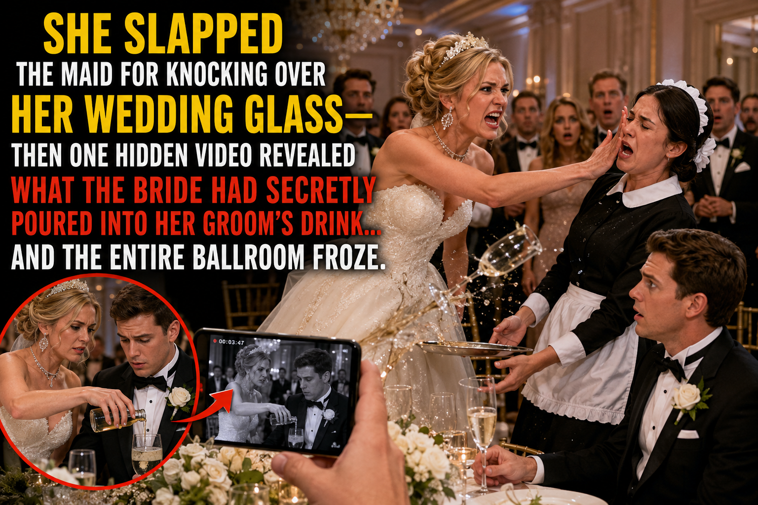 SHE SLAPPED THE MAID FOR KNOCKING OVER HER WEDDING GLASS—then one hidden video revealed what the bride had secretly poured into her groom’s drink… and the entire ballroom FROZE.