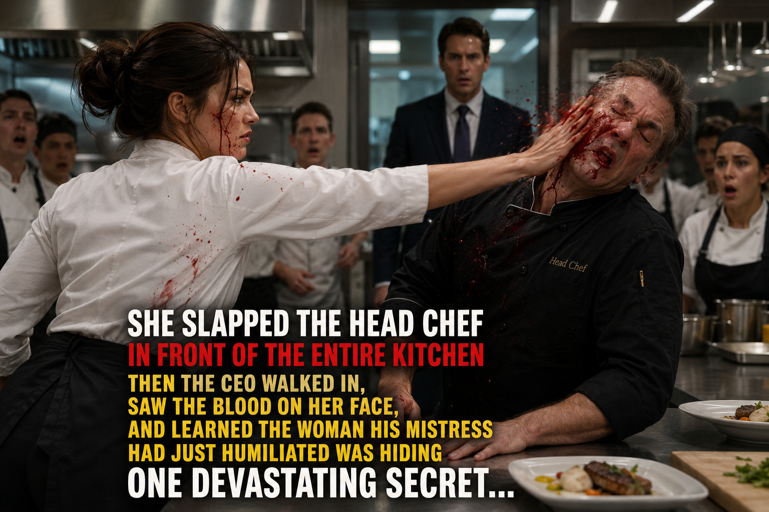 SHE SLAPPED THE HEAD CHEF IN FRONT OF THE ENTIRE KITCHEN—then the CEO walked in, saw the blood on her face, and learned the woman his mistress had just humiliated was hiding ONE devastating secret…