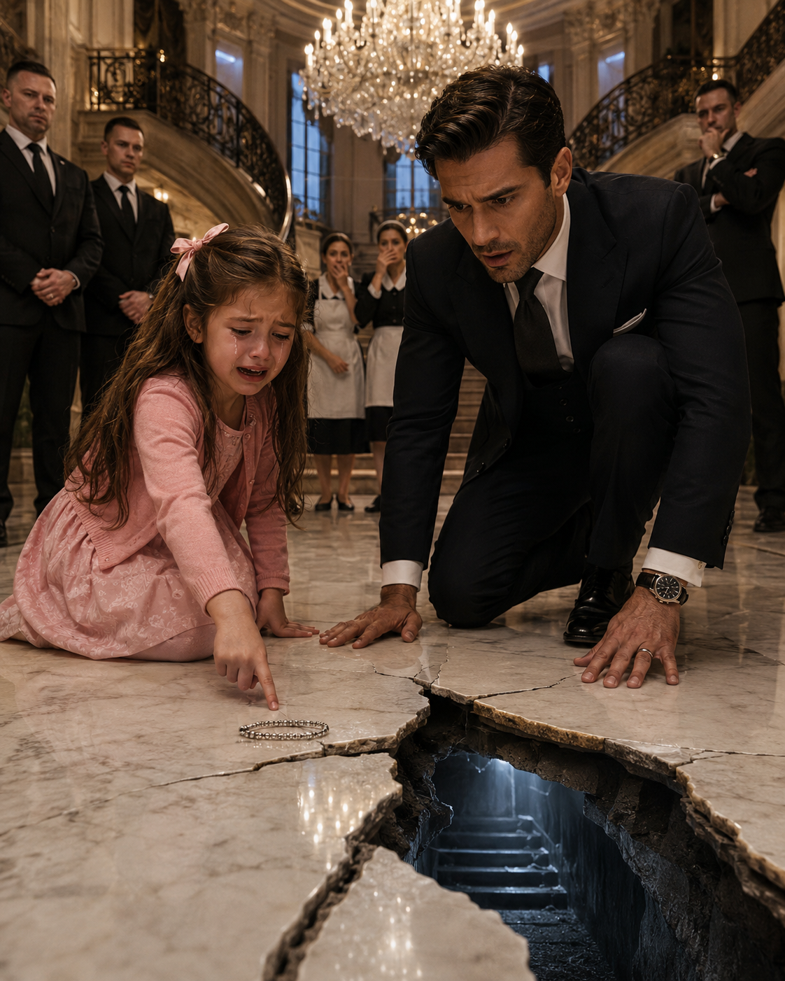 A LITTLE GIRL SAID HER MOM HAD BEEN MISSING FOR THREE DAYS—then she pointed to a tiny crack in the billionaire’s marble floor, and the bracelet hidden beneath it exposed a SECRET PASSAGE inside his own mansion…