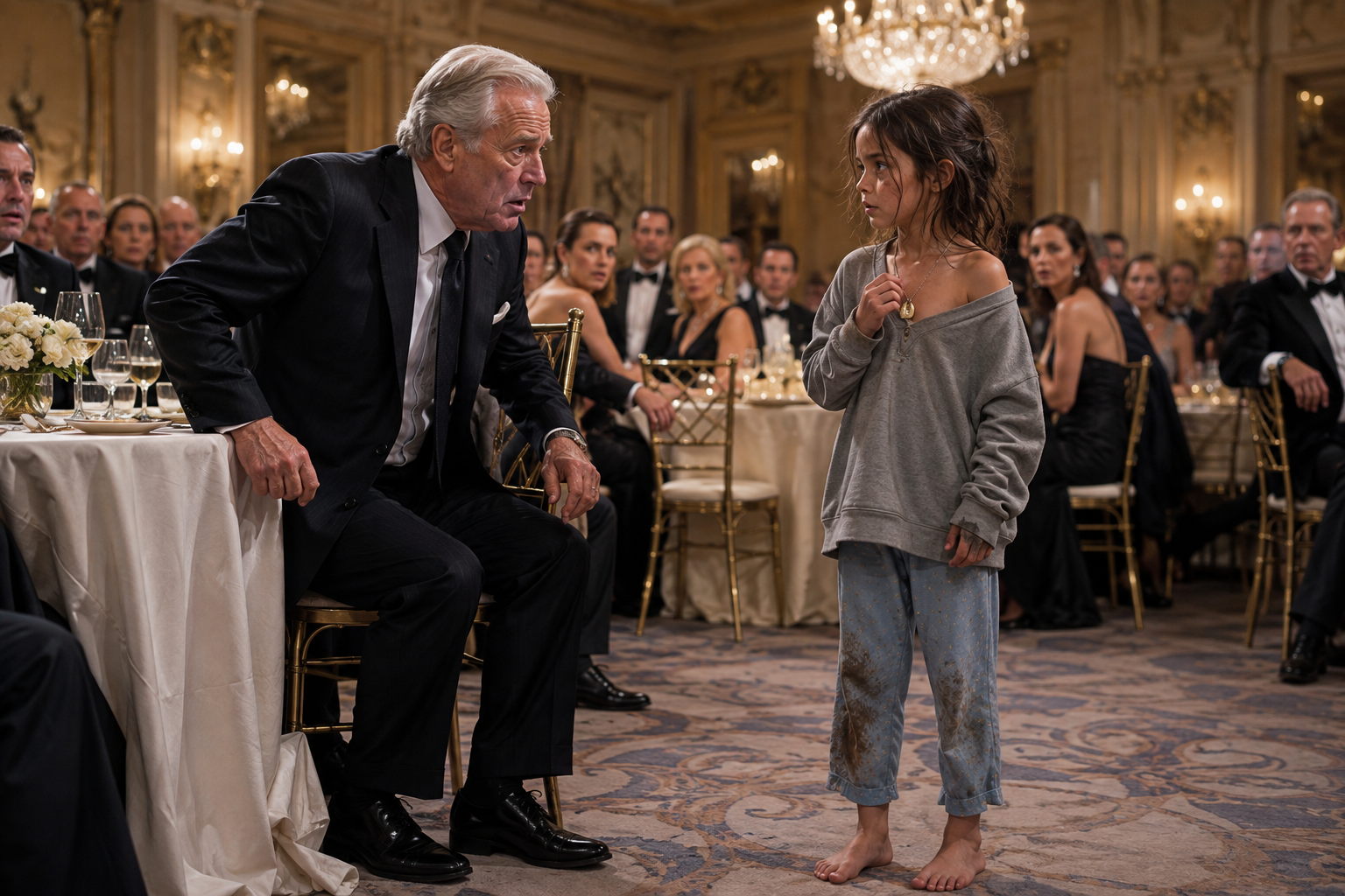 I TOLD THE BAREFOOT LITTLE GIRL TO LEAVE MY TABLE—then her collar slipped, and the necklace around her neck revealed she was carrying a desperate message from the daughter I hadn’t seen in FIFTEEN YEARS…
