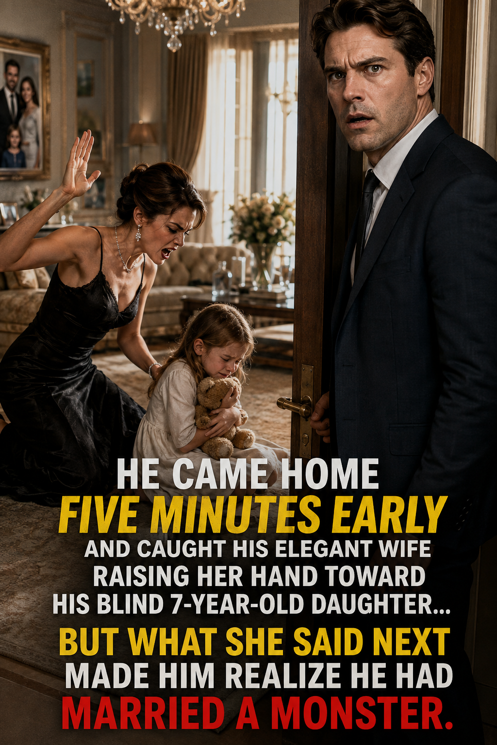 HE CAME HOME FIVE MINUTES EARLY—and caught his elegant wife raising her hand toward his blind 7-year-old daughter… but what she said next made him realize he had married a MONSTER.