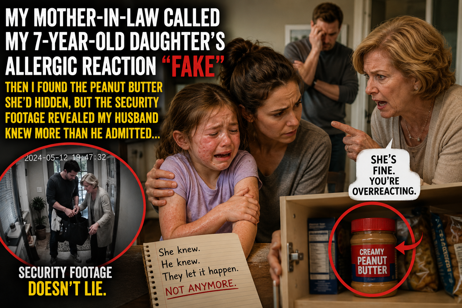 MY MOTHER-IN-LAW CALLED MY 7-YEAR-OLD DAUGHTER’S ALLERGIC REACTION “FAKE”—THEN I FOUND THE PEANUT BUTTER SHE’D HIDDEN, BUT THE SECURITY FOOTAGE REVEALED MY HUSBAND KNEW MORE THAN HE ADMITTED…