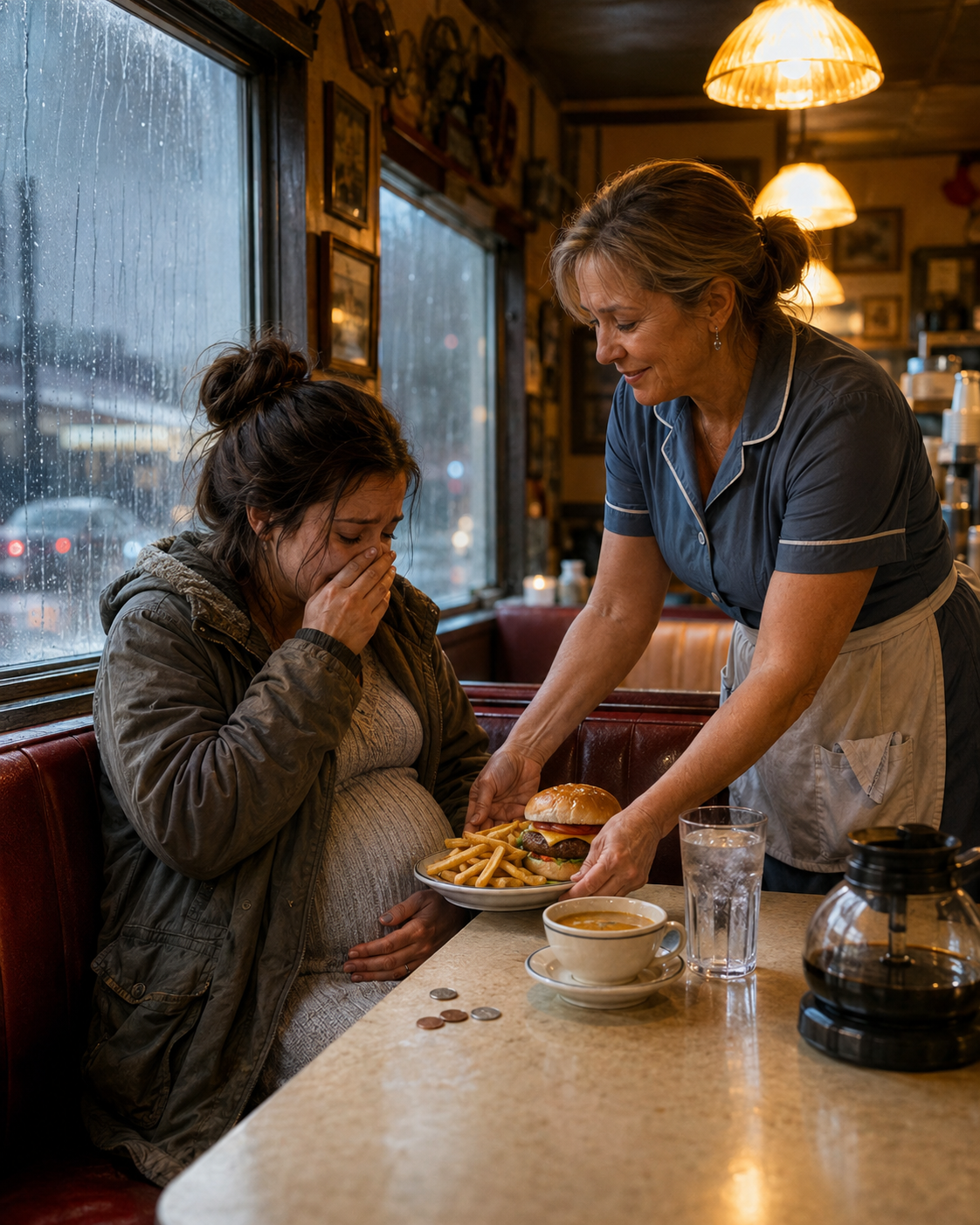 SHE WALKED INTO THE DINER WITH ONLY A FEW COINS AND HADN’T EATEN IN TWO DAYS—then the waitress placed a hot meal in front of the pregnant stranger and said six words that made her BREAK DOWN…