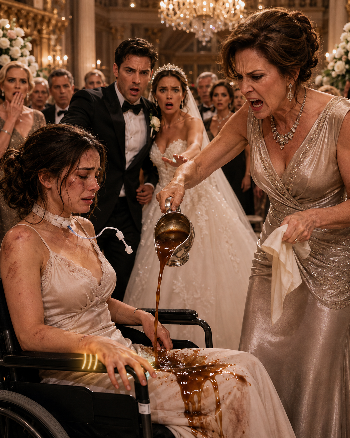 THEY SHOVED THE PARALYZED EX-WIFE INTO A DARK CORNER—then the bride’s mother ripped out her feeding tube and poured SCALDING GRAVY over her lap… but three quiet taps on her wheelchair were all it took to start destroying a billionaire empire.