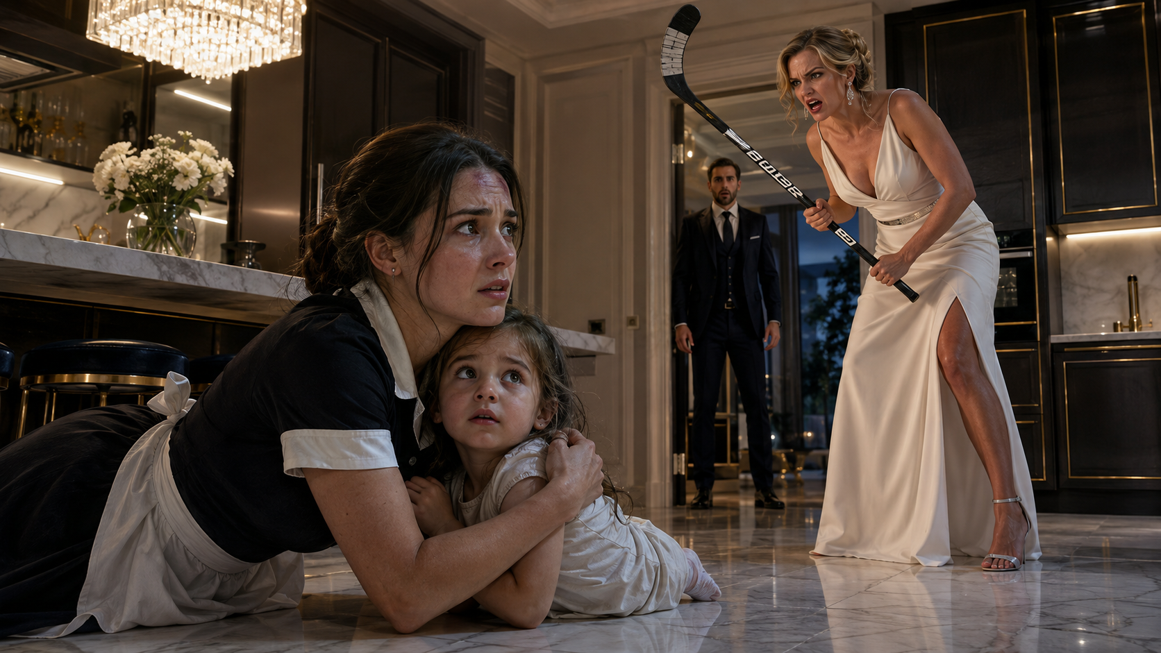 THE MAID THREW HER BODY OVER HER FOUR-YEAR-OLD AS HIS FIANCÉE RAISED THE HOCKEY STICK AGAIN—then the terrified little girl looked straight at the millionaire and whispered one word that DESTROYED his entire future: “Daddy…”