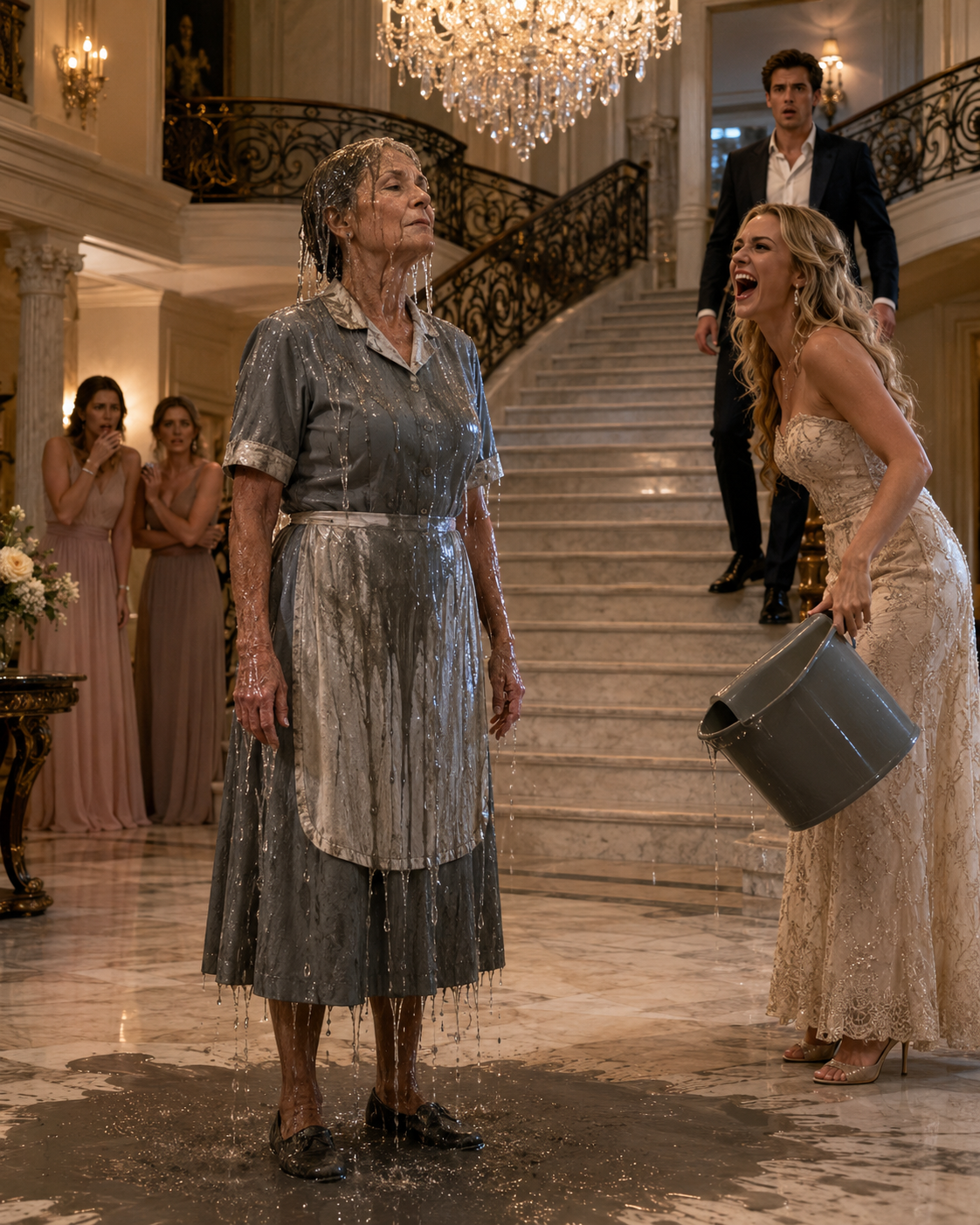 I DISGUISED MYSELF AS A HOUSEKEEPER TO TEST MY SON’S FIANCÉE—she dumped a bucket of FILTHY WATER over my head and laughed… but the second I called my son downstairs, her face went WHITE.
