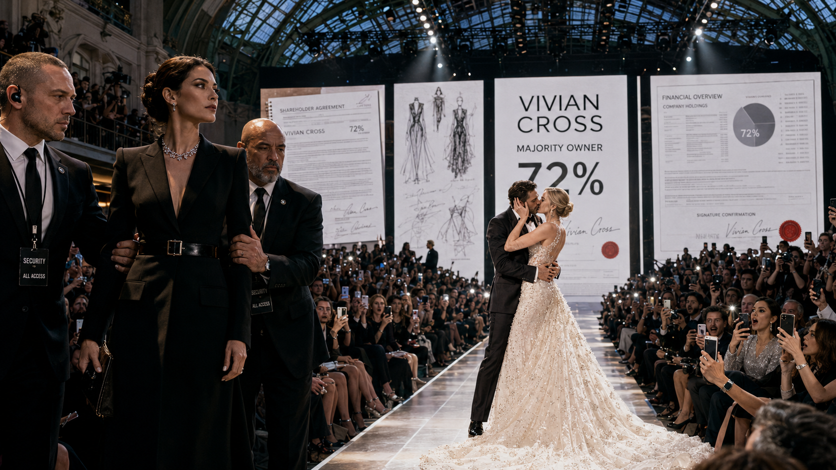 1. HE KISSED HIS SUPERMODEL MISTRESS ON THE RUNWAY AND ORDERED SECURITY TO THROW HIS WIFE OUT—then every giant screen suddenly revealed WHO actually owned the designs, funded his empire, and could erase his career with one signature…